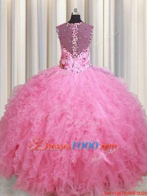 Straps Straps Beading and Ruffles Ball Gown Prom Dress Rose Pink Zipper Sleeveless Floor Length