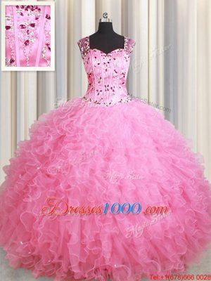 Straps Straps Beading and Ruffles Ball Gown Prom Dress Rose Pink Zipper Sleeveless Floor Length