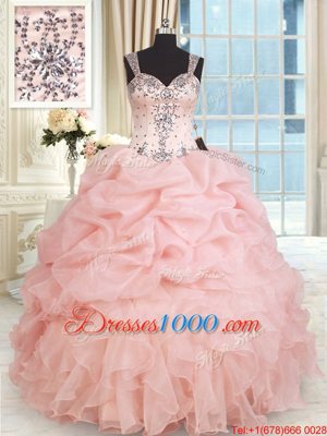 Glittering Pick Ups Ball Gowns Quinceanera Gown Baby Pink Straps Organza Sleeveless Floor Length Zipper