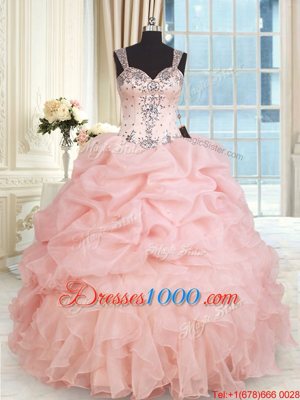 Glittering Pick Ups Ball Gowns Quinceanera Gown Baby Pink Straps Organza Sleeveless Floor Length Zipper