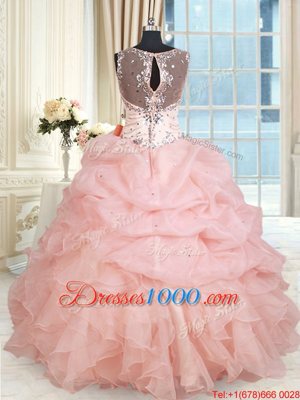 Glittering Pick Ups Ball Gowns Quinceanera Gown Baby Pink Straps Organza Sleeveless Floor Length Zipper