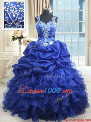 Straps Straps Organza Sleeveless Floor Length Sweet 16 Quinceanera Dress and Beading and Ruffles and Pick Ups