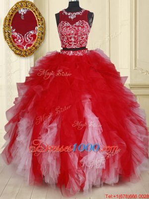 Two Pieces See Through White and Red Scoop Neckline Beading and Ruffles Sweet 16 Quinceanera Dress Sleeveless Zipper