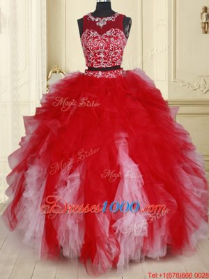 Two Pieces See Through White and Red Scoop Neckline Beading and Ruffles Sweet 16 Quinceanera Dress Sleeveless Zipper