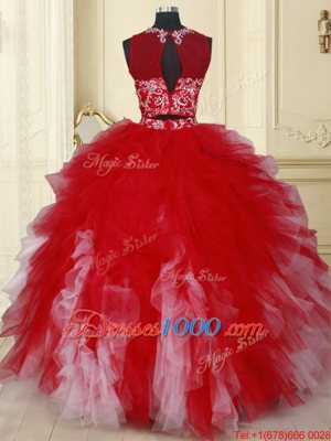 Two Pieces See Through White and Red Scoop Neckline Beading and Ruffles Sweet 16 Quinceanera Dress Sleeveless Zipper