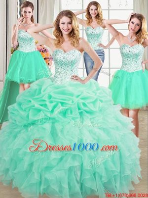 Exquisite Four Piece Pick Ups Apple Green Sleeveless Organza Lace Up Quinceanera Gown for Military Ball and Sweet 16 and Quinceanera