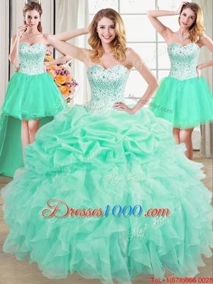 Exquisite Four Piece Pick Ups Apple Green Sleeveless Organza Lace Up Quinceanera Gown for Military Ball and Sweet 16 and Quinceanera