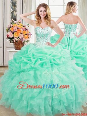 Exquisite Four Piece Pick Ups Apple Green Sleeveless Organza Lace Up Quinceanera Gown for Military Ball and Sweet 16 and Quinceanera