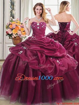 Popular Floor Length Lace Up Quinceanera Dress Burgundy and In for Military Ball and Sweet 16 and Quinceanera with Appliques and Pick Ups