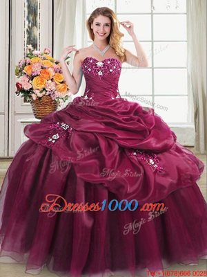 Popular Floor Length Lace Up Quinceanera Dress Burgundy and In for Military Ball and Sweet 16 and Quinceanera with Appliques and Pick Ups