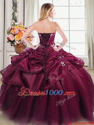 Popular Floor Length Lace Up Quinceanera Dress Burgundy and In for Military Ball and Sweet 16 and Quinceanera with Appliques and Pick Ups