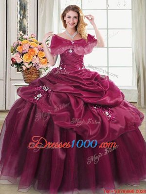 Popular Floor Length Lace Up Quinceanera Dress Burgundy and In for Military Ball and Sweet 16 and Quinceanera with Appliques and Pick Ups