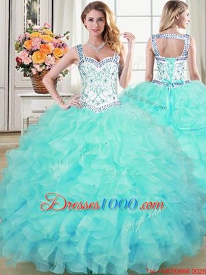 Straps Straps Floor Length Aqua Blue Quinceanera Dress Organza Sleeveless Beading and Lace and Ruffles
