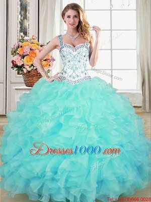 Straps Straps Floor Length Aqua Blue Quinceanera Dress Organza Sleeveless Beading and Lace and Ruffles