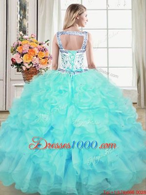 Straps Straps Floor Length Aqua Blue Quinceanera Dress Organza Sleeveless Beading and Lace and Ruffles