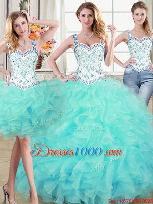 Colorful Three Piece Straps Straps Sleeveless Lace Up Floor Length Beading and Lace and Ruffles Quinceanera Gowns