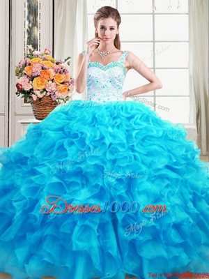 Sexy Floor Length Baby Blue Quince Ball Gowns Straps Sleeveless Lace Up