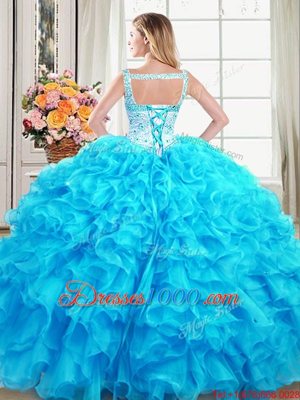 Sexy Floor Length Baby Blue Quince Ball Gowns Straps Sleeveless Lace Up