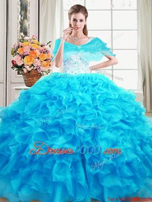 Sexy Floor Length Baby Blue Quince Ball Gowns Straps Sleeveless Lace Up