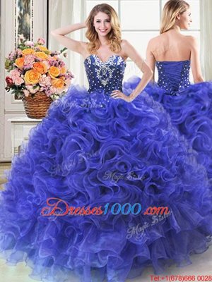 Deluxe Floor Length Lace Up Quinceanera Dress Royal Blue and In for Military Ball and Sweet 16 and Quinceanera with Beading and Ruffles