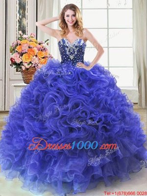 Deluxe Floor Length Lace Up Quinceanera Dress Royal Blue and In for Military Ball and Sweet 16 and Quinceanera with Beading and Ruffles