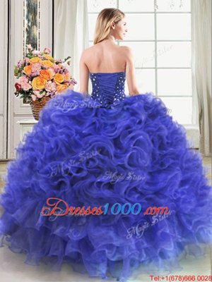 Deluxe Floor Length Lace Up Quinceanera Dress Royal Blue and In for Military Ball and Sweet 16 and Quinceanera with Beading and Ruffles