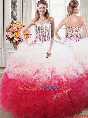 Ball Gowns 15th Birthday Dress Pink And White Sweetheart Organza Sleeveless Floor Length Lace Up