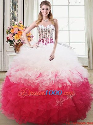 Ball Gowns 15th Birthday Dress Pink And White Sweetheart Organza Sleeveless Floor Length Lace Up