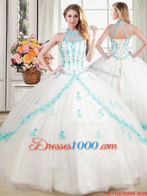 Four Piece Tulle Sleeveless Floor Length Quinceanera Gowns and Beading and Appliques and Ruffles