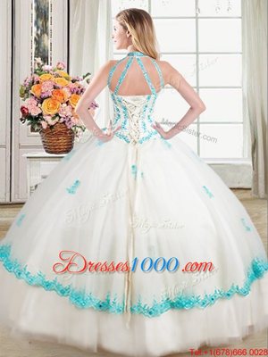 Cheap Tulle Halter Top Sleeveless Lace Up Beading and Appliques Vestidos de Quinceanera in White