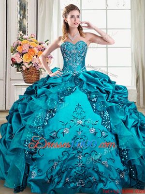 Pick Ups Teal Sleeveless Organza and Taffeta Lace Up Sweet 16 Dress for Military Ball and Sweet 16 and Quinceanera