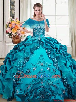 Pick Ups Teal Sleeveless Organza and Taffeta Lace Up Sweet 16 Dress for Military Ball and Sweet 16 and Quinceanera