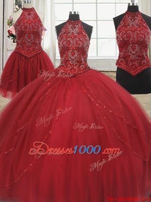 Fabulous Three Piece Halter Top Sleeveless Tulle Quinceanera Gown Beading Court Train Lace Up