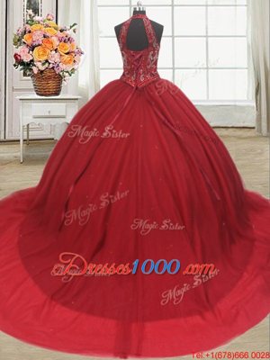 Fabulous Three Piece Halter Top Sleeveless Tulle Quinceanera Gown Beading Court Train Lace Up