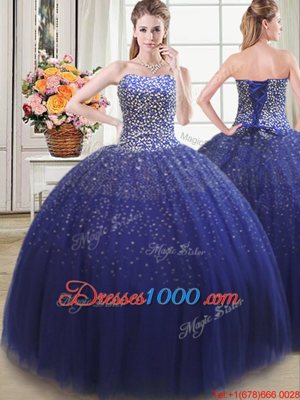 Perfect Four Piece Sleeveless Tulle Floor Length Lace Up Quince Ball Gowns in Royal Blue for with Beading