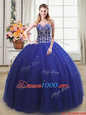 Comfortable Sleeveless Tulle Floor Length Lace Up Vestidos de Quinceanera in Royal Blue for with Beading