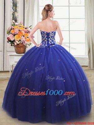 Comfortable Sleeveless Tulle Floor Length Lace Up Vestidos de Quinceanera in Royal Blue for with Beading