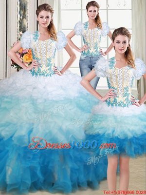 Three Piece Sleeveless Organza Floor Length Lace Up Sweet 16 Quinceanera Dress in Multi-color for with Beading and Appliques