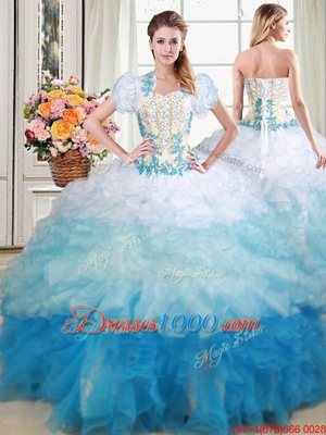 Three Piece Sleeveless Organza Floor Length Lace Up Sweet 16 Quinceanera Dress in Multi-color for with Beading and Appliques