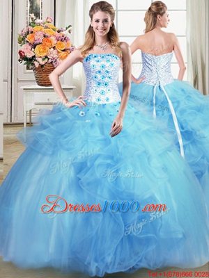 Strapless Sleeveless Lace Up Sweet 16 Dresses Light Blue Tulle