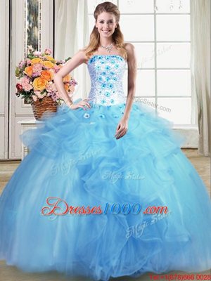 Strapless Sleeveless Lace Up Sweet 16 Dresses Light Blue Tulle