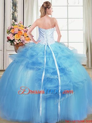 Strapless Sleeveless Lace Up Sweet 16 Dresses Light Blue Tulle