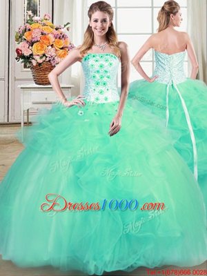 Hot Selling Three Piece Turquoise Ball Gowns Tulle Strapless Sleeveless Beading and Appliques and Ruffles Floor Length Lace Up Vestidos de Quinceanera