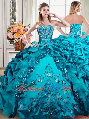 Graceful Four Piece Pick Ups Floor Length Ball Gowns Sleeveless Teal Quince Ball Gowns Lace Up