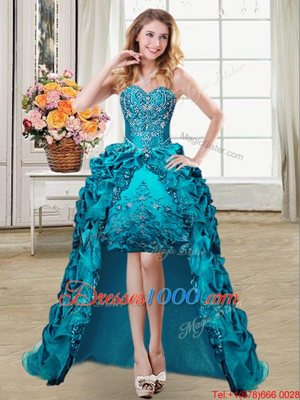 Graceful Four Piece Pick Ups Floor Length Ball Gowns Sleeveless Teal Quince Ball Gowns Lace Up