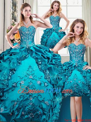 Graceful Four Piece Pick Ups Floor Length Ball Gowns Sleeveless Teal Quince Ball Gowns Lace Up