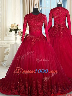 Scoop Long Sleeves Tulle Floor Length Clasp Handle 15th Birthday Dress in Wine Red for with Beading and Lace and Bowknot
