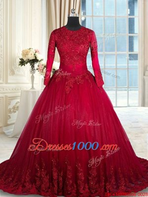 Scoop Long Sleeves Tulle Floor Length Clasp Handle 15th Birthday Dress in Wine Red for with Beading and Lace and Bowknot