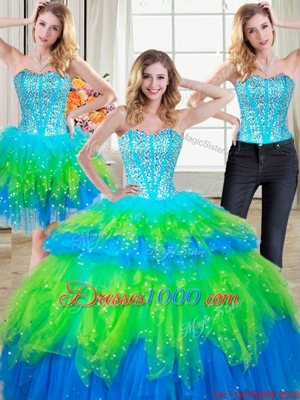 Three Piece Sleeveless Floor Length Beading and Ruffled Layers Lace Up 15 Quinceanera Dress with Multi-color