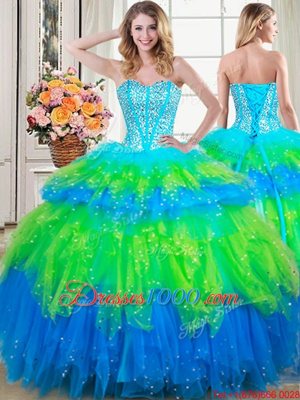 Three Piece Sleeveless Floor Length Beading and Ruffled Layers Lace Up 15 Quinceanera Dress with Multi-color